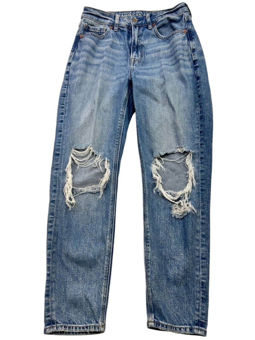 American Eagle Womens Distressed Knee Mom Jeans Stretch Denim Sz 2 Blue Mid Wash